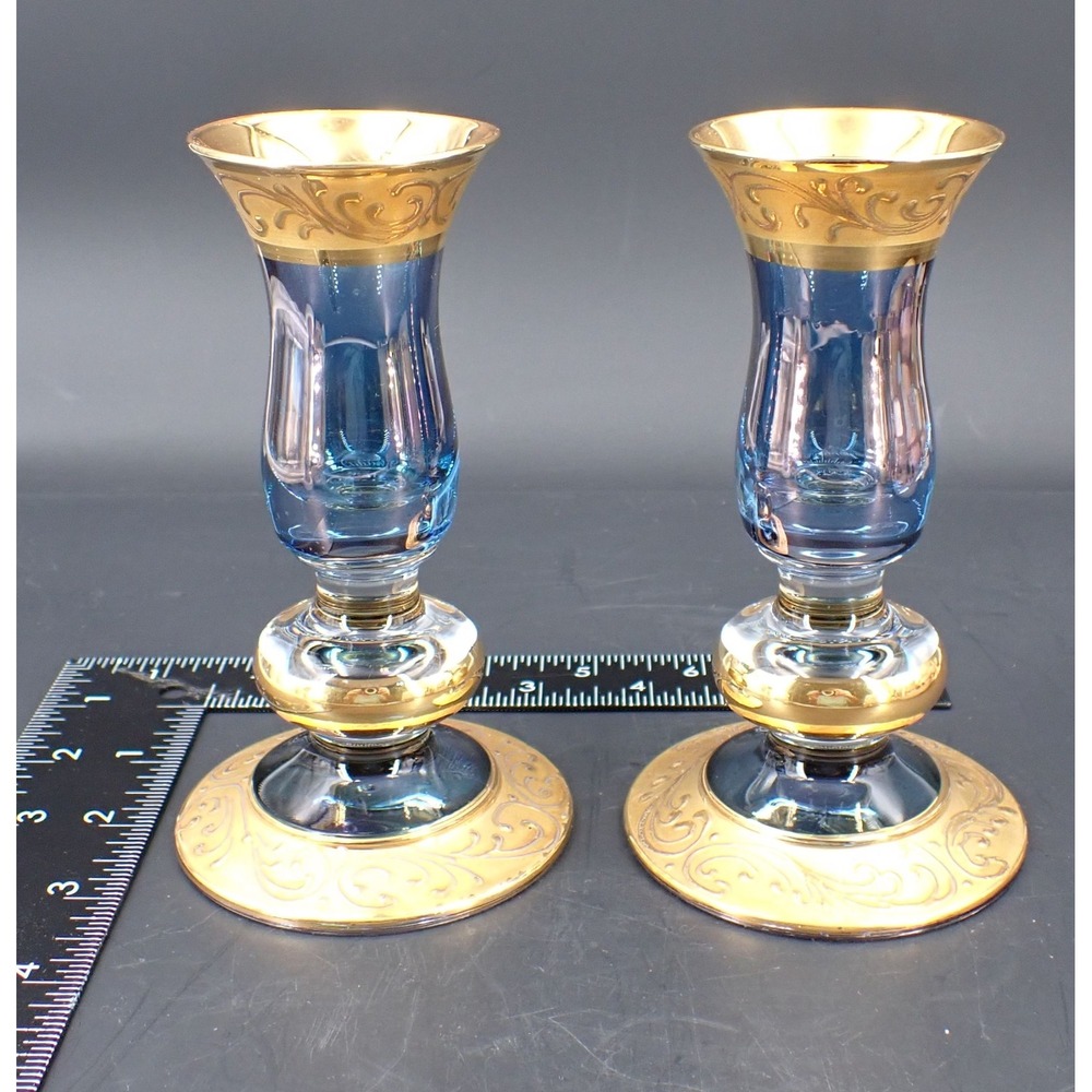 Vintage Candlestick Pair Glass Heavy Gold Leaf Cobalt Blue  5.5in